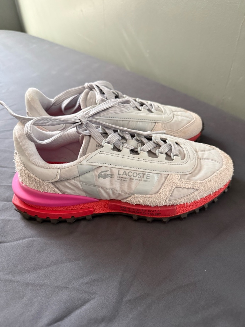 Lacoste Women's Light Gray Sneakers with Pink & Coral Soles